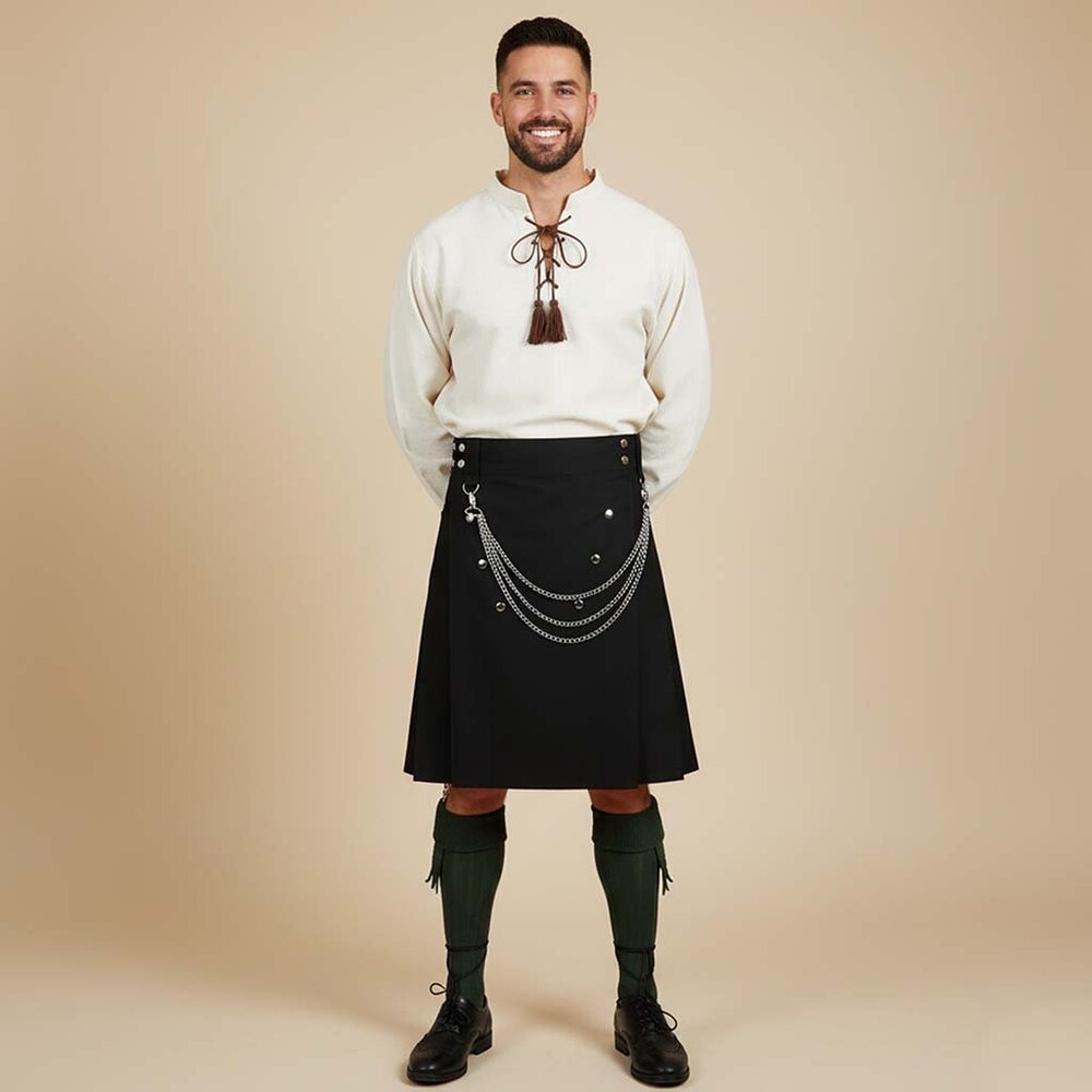 Cargo Utilty Kilt Black with Silver Chains Traditional Scottish Highlander Kilt